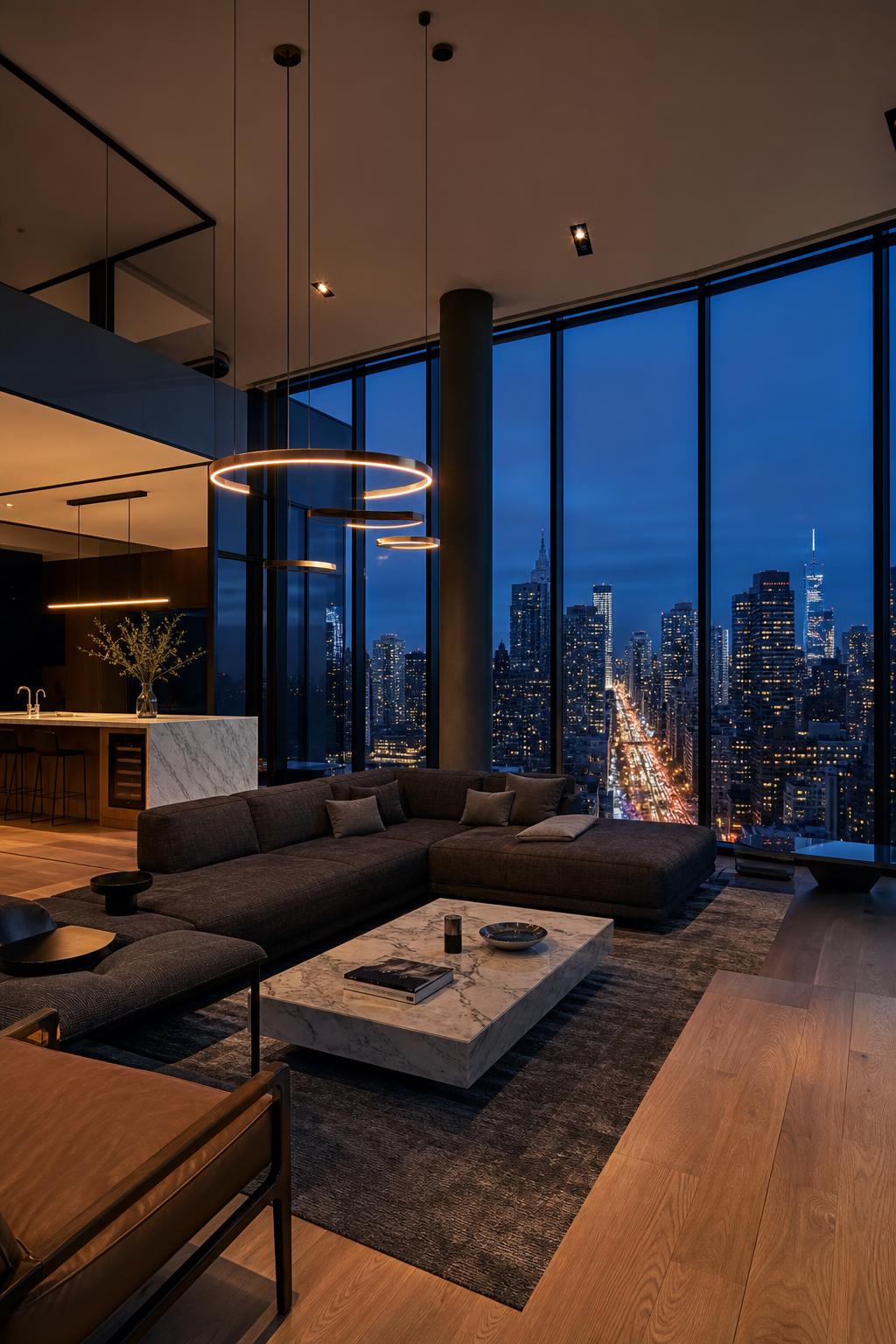 Modern penthouse living room and kitchen overlooking a glowing night skyline